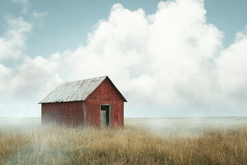 Obraz premium Red barn in a foggy field under a cloudy sky
