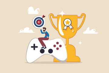 Gamification, marketing strategy for customer to achieve target and win the prize, reward or challenge to keep customer engagement concept, man with computer laptop on game joystick with trophy award.