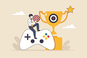 Gamification, marketing strategy for customer to achieve target and win the prize, reward or challenge to keep customer engagement concept, man with computer laptop on game joystick with trophy award.
