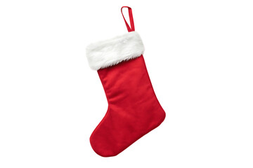 Classic red christmas stocking with white fur cuff on transparent background
