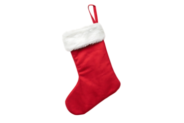 Classic red christmas stocking with white fur cuff on transparent background