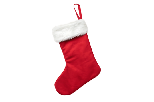 Classic red christmas stocking with white fur cuff on transparent background