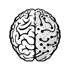 Human Brain with Circuit Board Detail in Black and White Outline Icon Style