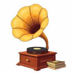 Vintage gramophone with brass horn against white background, nostalgia