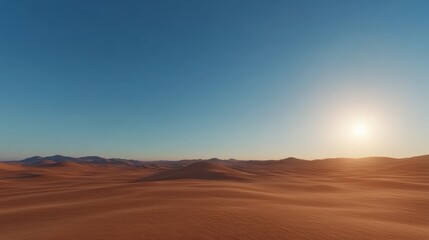 Vast golden sand dunes roll toward the horizon under a clear blue sky, capturing the calm and beauty of the desert during sunset