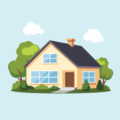Naklejka premium Charming beige house with greenery against blue sky, warmth of home