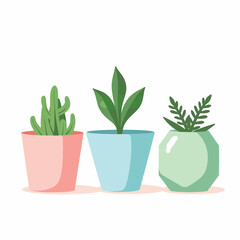 Stylized flower pots with plants on pure white background, home decor