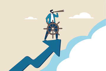 Leadership to lead company direction, vision to see opportunity, skill to overcome challenge or decision to control and drive growth concept, businessman captain control rudder helm on growth arrow.