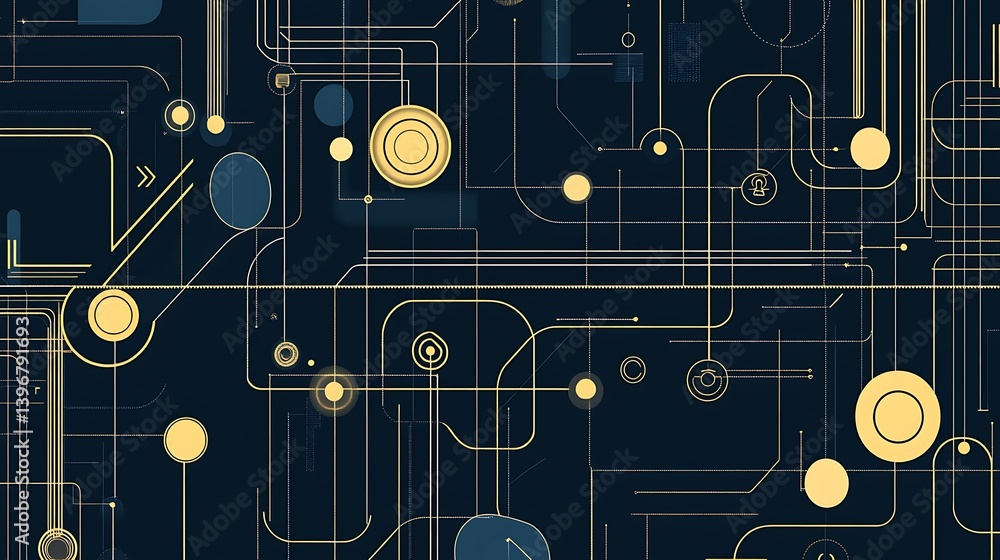 Poster abstract circuit pattern with geometric shapes and lines on a dark background, ideal for technology 