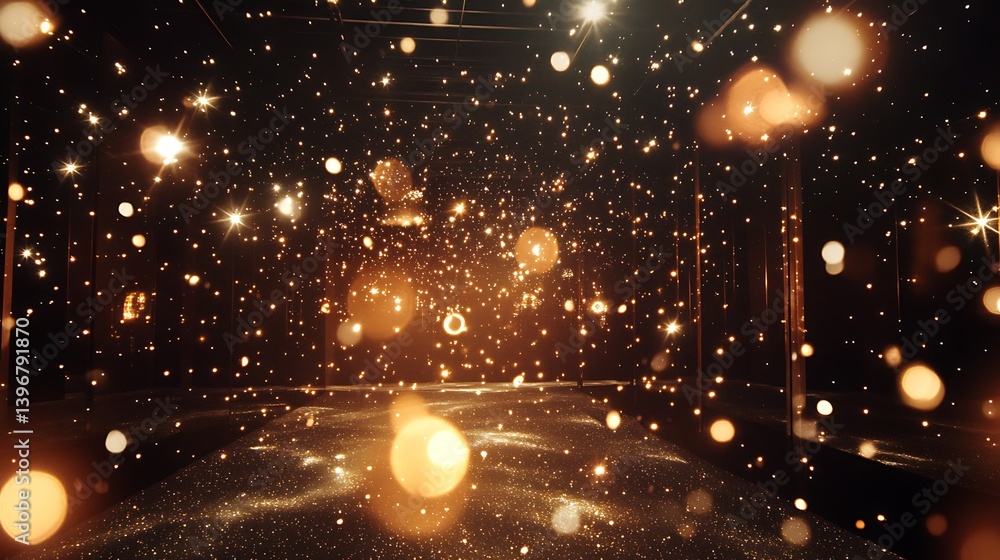 Poster enchanting scene of shimmering golden particles floating in a dark, atmospheric space, creating a ma