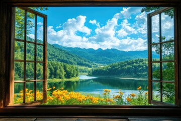 Open window to serene mountain lake