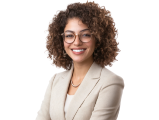 Professional portrait of a smiling woman with curly hair, wearing glasses and a beige suit, exuding confidence and approachability
