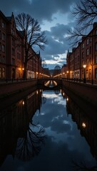 River Reflections in UK Glasgow, peaceful canal scene with water reflections, lit buildings, serene atmosphere. Concept of River Reflections in UK Glasgow, landscape tranquility.