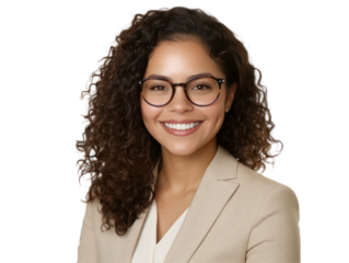 Professional woman with curly hair and glasses smiling confidently in a light-colored blazer against a neutral background