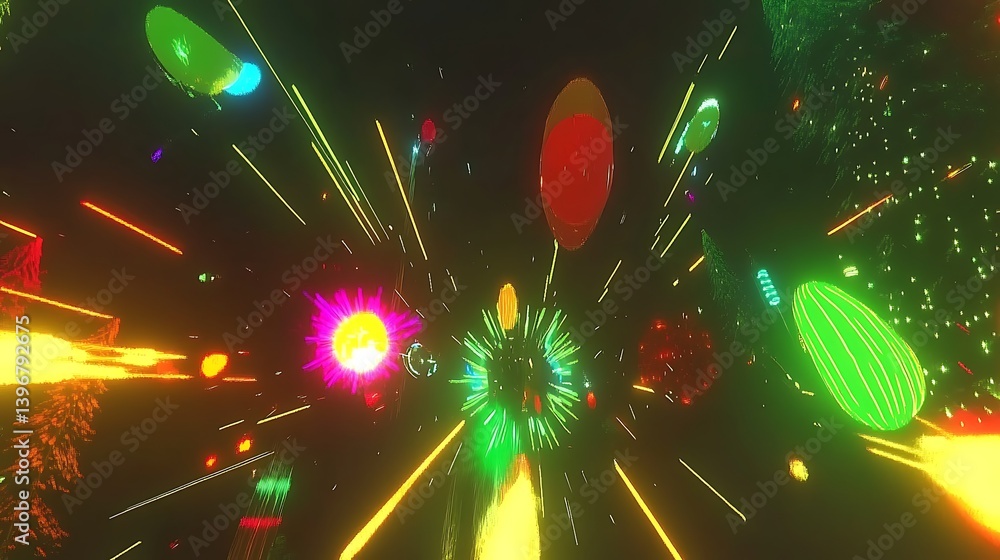 Poster colorful abstract explosion of light and shapes in a digital space, creating a vibrant atmosphere