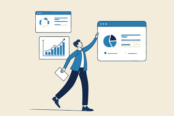 Self-service software or application to help users get results themselves, online help or assistance, resource management, or an electronic automated report co businessman using self-service software.