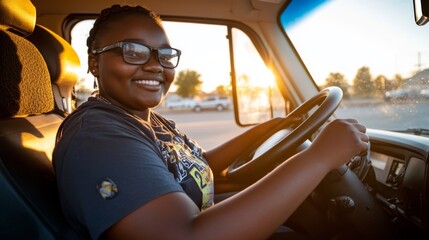 Naklejka premium A young African woman is seated inside a driving school vehicle, smiling warmly as she grips the steering wheel, illuminated by sunlight streaming through the window