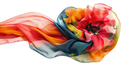 Vibrant silk scarf with floral design flowing gracefully against a transparent background, ideal for fashion and textile showcases