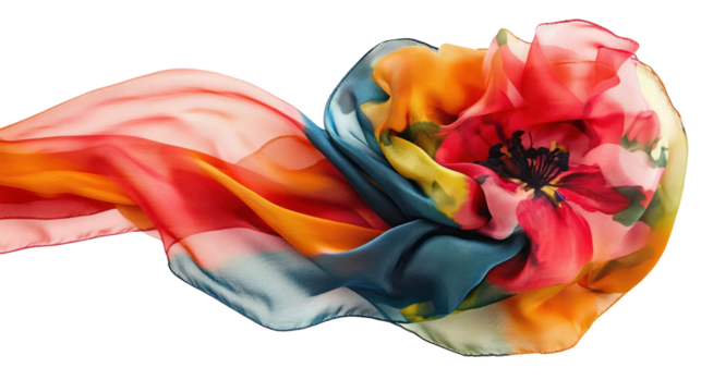 Vibrant silk scarf with floral design flowing gracefully against a transparent background, ideal for fashion and textile showcases