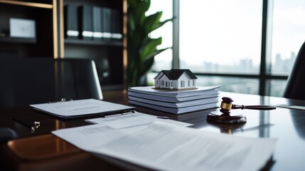 Obraz premium A miniature house model rests beside a stack of legal documents and a brass gavel on a polished mahogany desk, illuminated by warm directional lighting