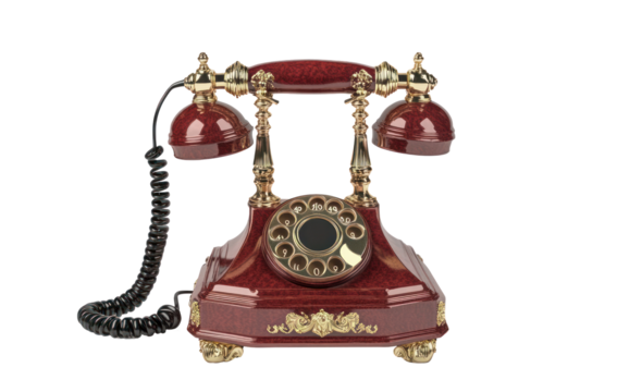 Vintage rotary telephone with ornate design, positioned on a white background, evoking nostalgia and classic communication