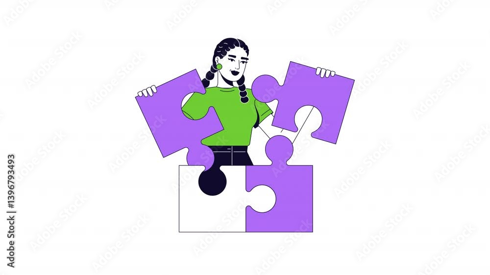 Poster problem solving 2d animation. logical thinking improvement. positive latin american woman solving ji