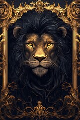 Majestic Lion in Gold Frame  Dark Art  Wildlife Portrait
