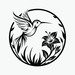Detailed Hummingbird Silhouette Flying Near Flower with Vines in a Circle, Isolated Art