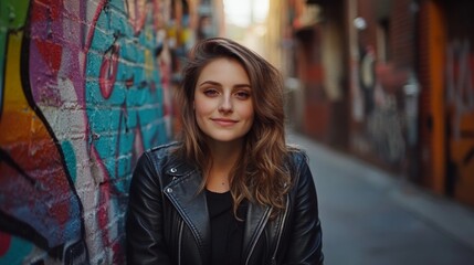 Naklejka premium A young woman leans casually against a graffiti-covered brick wall in an urban alley, showcasing her stylish leather jacket and confident demeanor