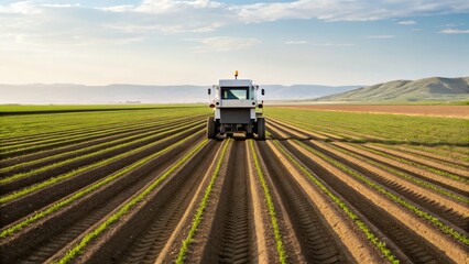 Obraz premium Autonomous Systems Safety Control concept, A tractor plows a vast field under a clear sky, showcasing rows of fresh crops and distant hills.
