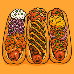 Three Hot Dogs with Different Toppings, Cartoon Style Illustration