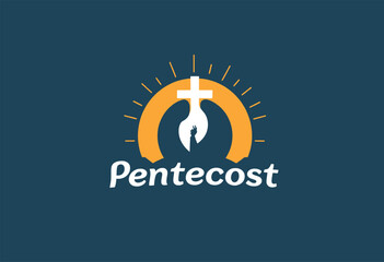Pentecost Logo Design Featuring Cross and Silhouette. A vibrant logo for Pentecost featuring a silhouette of a person holding a cross surrounded by sunburst graphic in a warm orange hue
