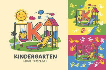 Obraz premium Colorful Kindergarten Logo Template Featuring Playful Letter K. This vibrant logo template showcases a playground scene with a large bold letter 