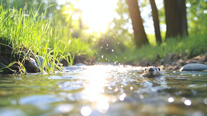 Fototapeta premium serene river scene featuring swimming otter, surrounded by lush green grass and sunlight filtering through trees