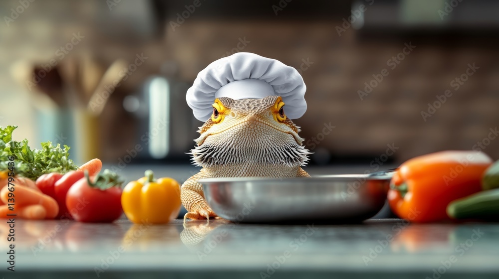 Aufkleber lizard is wearing a chef's hat and standing in front of a bowl of vegetables. the scene is playful a