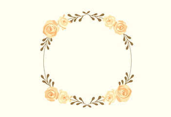 Delicate Peach Rose Wreath Border on White Background. A beautiful round floral wreath border featuring soft peach roses and dark brown leaves on a plain white background