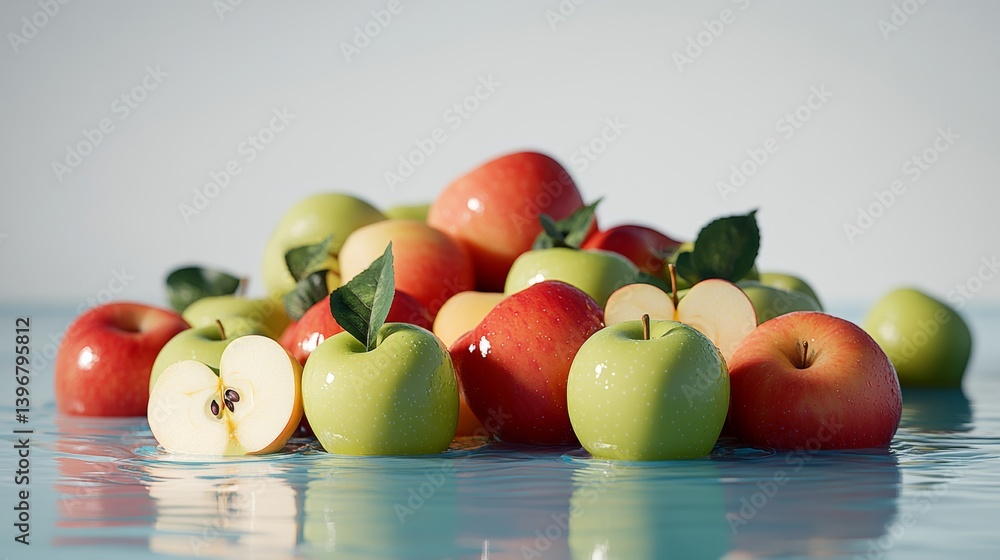 Poster pile of apples with green and red apples on top of each other. the apples are surrounded by water, c