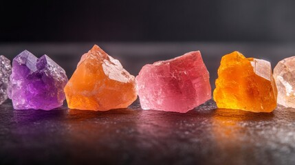 Several colorful crystals are arranged on a dark surface, allowing light to refract through them and create vivid beams of rainbow colors around