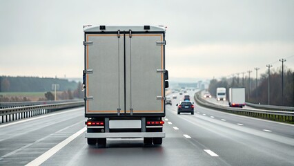 Naklejka premium Autonomous Systems Safety Control concept, Truck on a highway with vehicles moving in both directions under a cloudy sky.