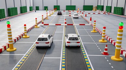 Autonomous Systems Safety Control concept, Indoor driving practice area with cars navigating traffic signals and obstacles.