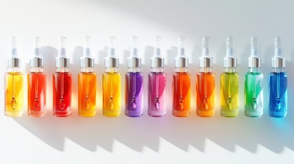 Collection of transparent glass ampoules filled with rainbow spectrum of natural hyaluronic serums, floating droplets suspended in formula, arranged in mathematical precision, clean white backdrop,