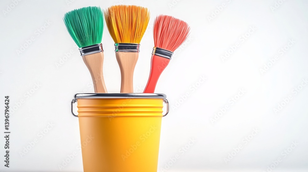 Poster three paintbrushes are in a yellow bucket. the bucket is on a white background. the three paintbrush