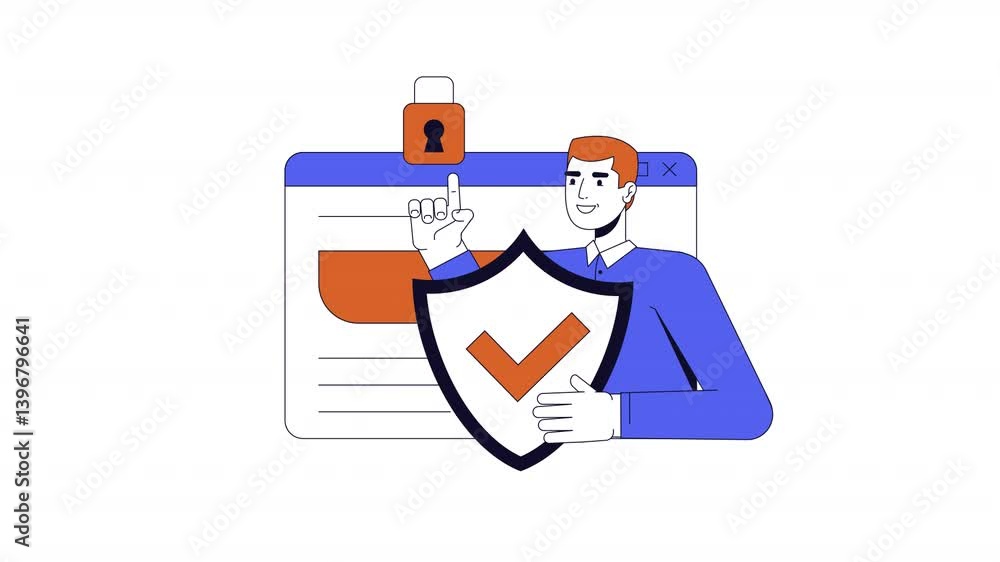 Poster cybersecurity technology 2d animation. data safety. smiling caucasian man network engineer offering 
