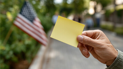 Message in the Air: A person holds a blank sticky note with the American flag in the blurry background, it could be a reminder of service, patriotism, or simply a moment of thoughtful pause.