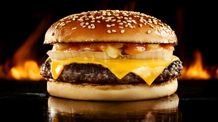 delicious cheeseburger with melted cheese, grilled onions, and sesame seed bun, set against fiery background
