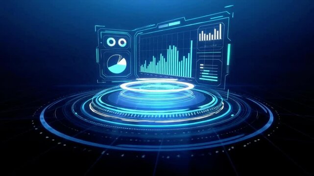 Ultra-realistic 3D animation of a futuristic data analysis dashboard. A holographic interface floats in mid-air against a dark, minimal background. Charts, graphs, bar diagrams.