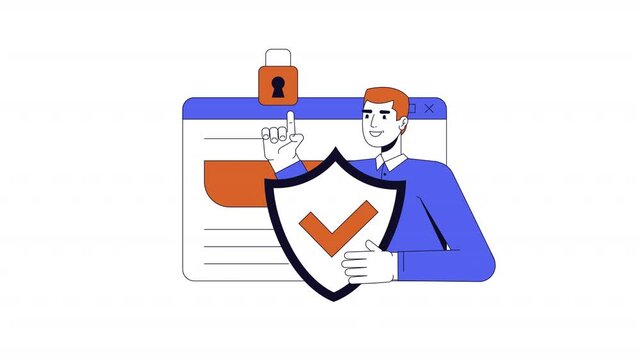 Cybersecurity technology 2D animation. Data safety. Smiling caucasian man network engineer offering internet security animated character cartoon flat concept metaphor HD video isolated on white