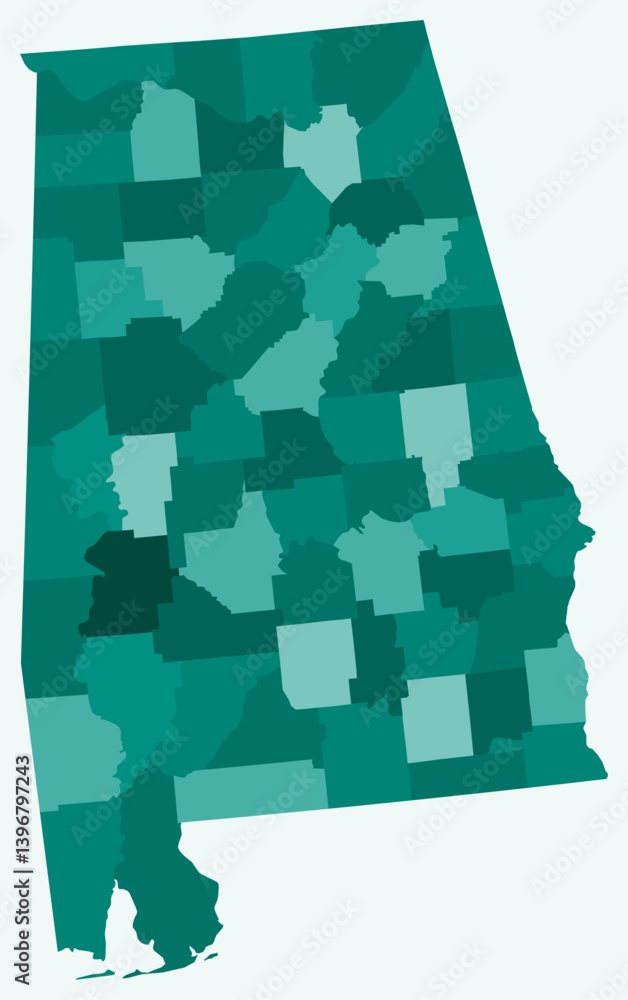 Poster map of alabama with counties. just a simple state border map with county division. teal color palett