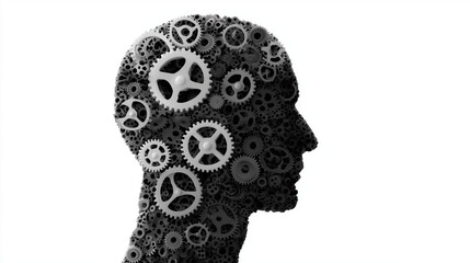 Mechanistic Mind: A conceptual illustration showcasing the human mind as a complex, intricate network of gears. Illustrating thoughts, ideas, and the inner workings of human cognition. 