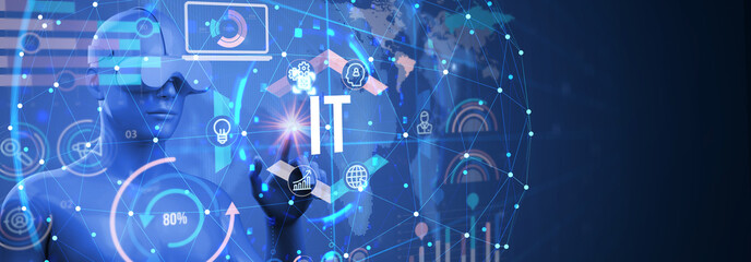 IT consultant presenting tag cloud about information technology. 3d illustration